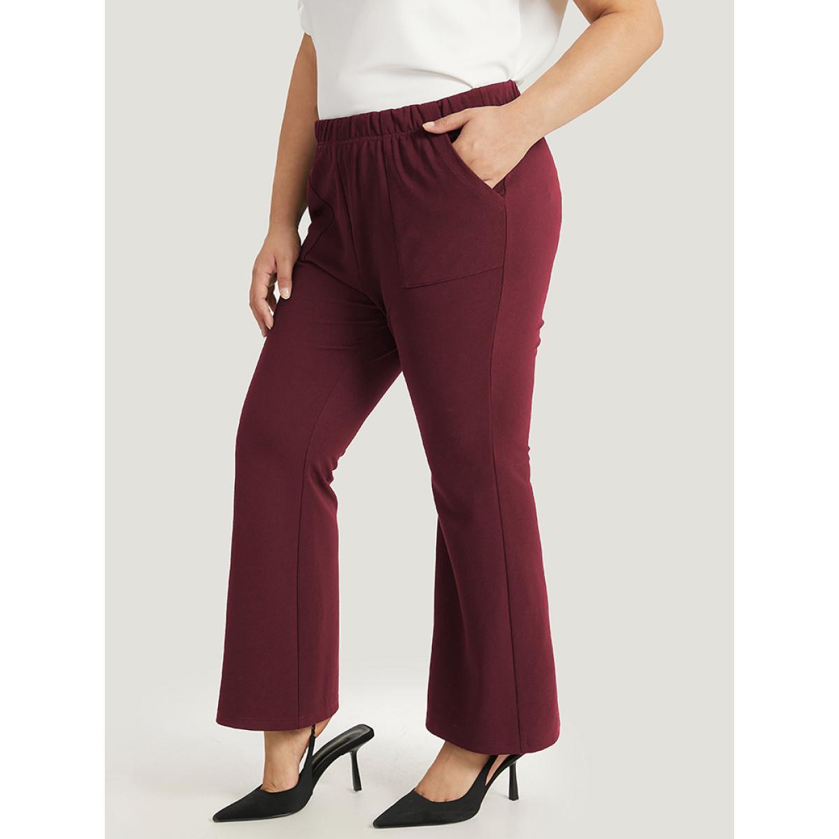 Plus Size Solid Pocket Flare Leg Elastic Waist Pants Women Scarlet At the Office Flare Leg High Rise Work Pants BloomChic 14-16/1X Product Image