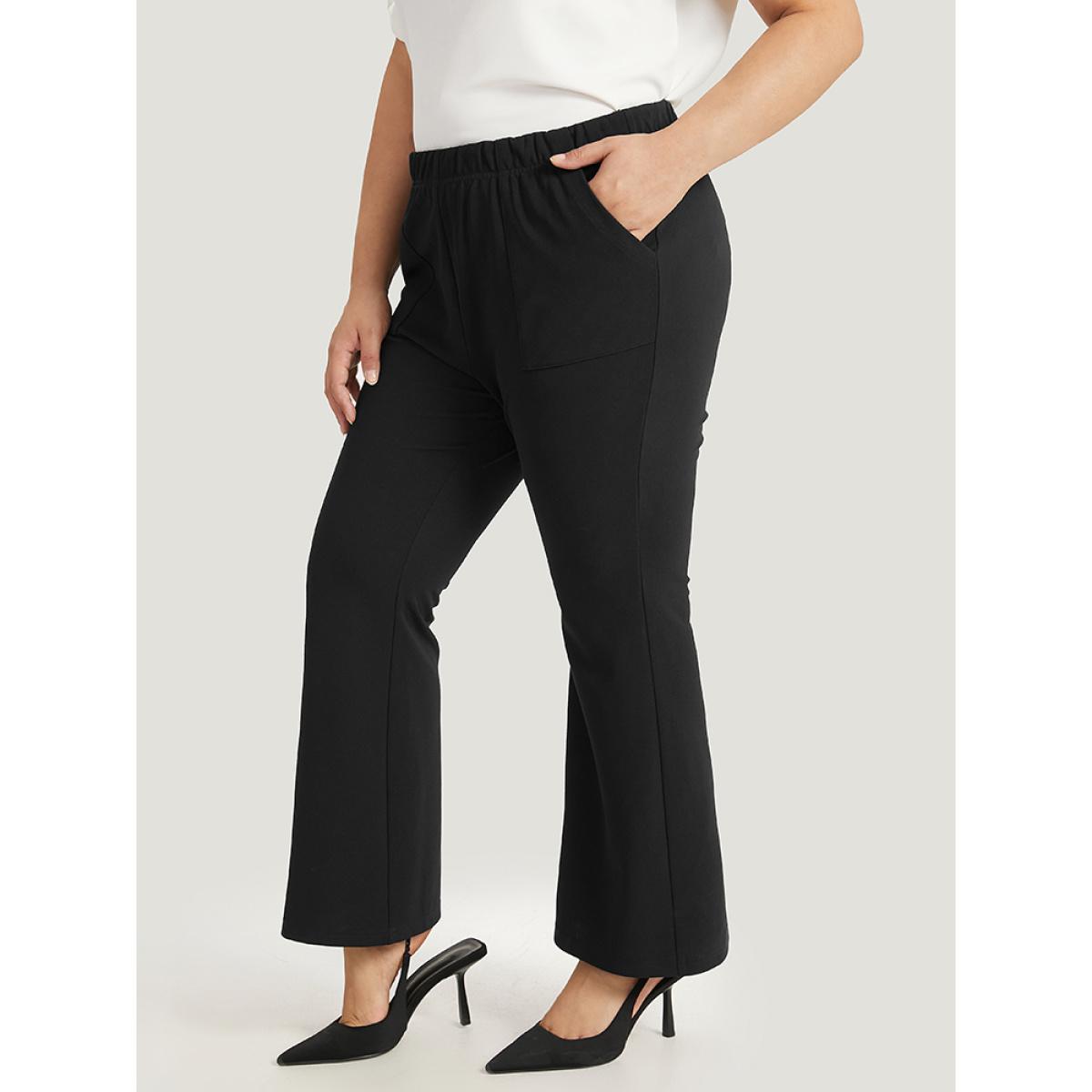 Plus Size Solid Pocket Flare Leg Elastic Waist Pants Women Black At the Office Flare Leg High Rise Work Pants BloomChic 18-20/2X Product Image