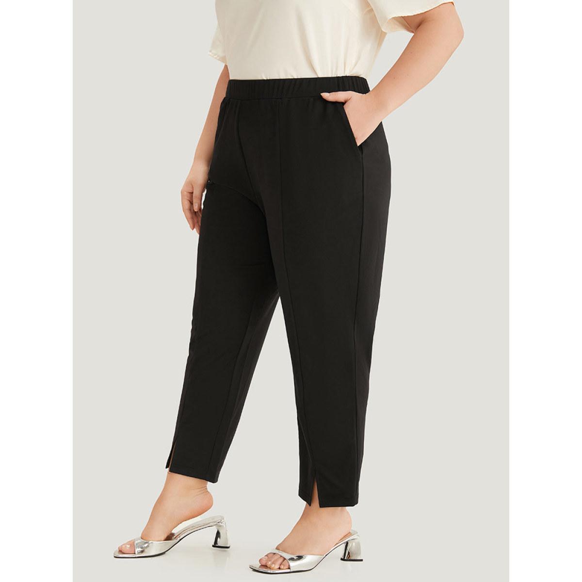 Plus Size Plain Split Hem Pocket Elastic Waist Pants Women Black At the Office High Rise Work Pants BloomChic 18-20/2X Product Image