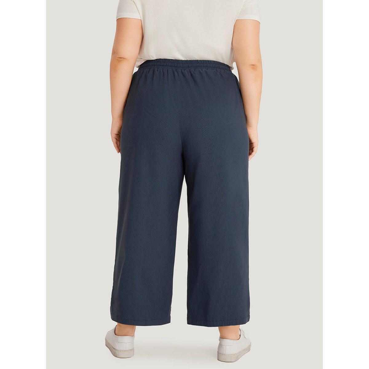 Plus Size Plain Pocket Drawstring Split HemWide leg Pants Women Indigo Office Loose Mid Rise Work Pants BloomChic 12/L Product Image