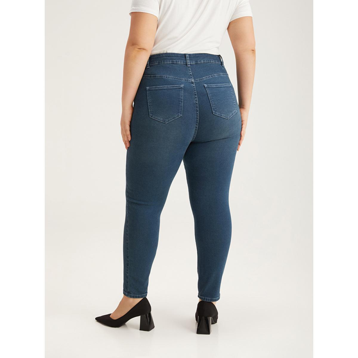 Plus Size Contrast Pocket Elastic Waist Very Stretchy Jeans Women Indigo Casual Plain Elastic Waist High stretch Pocket Jeans BloomChic 10/M Product Image