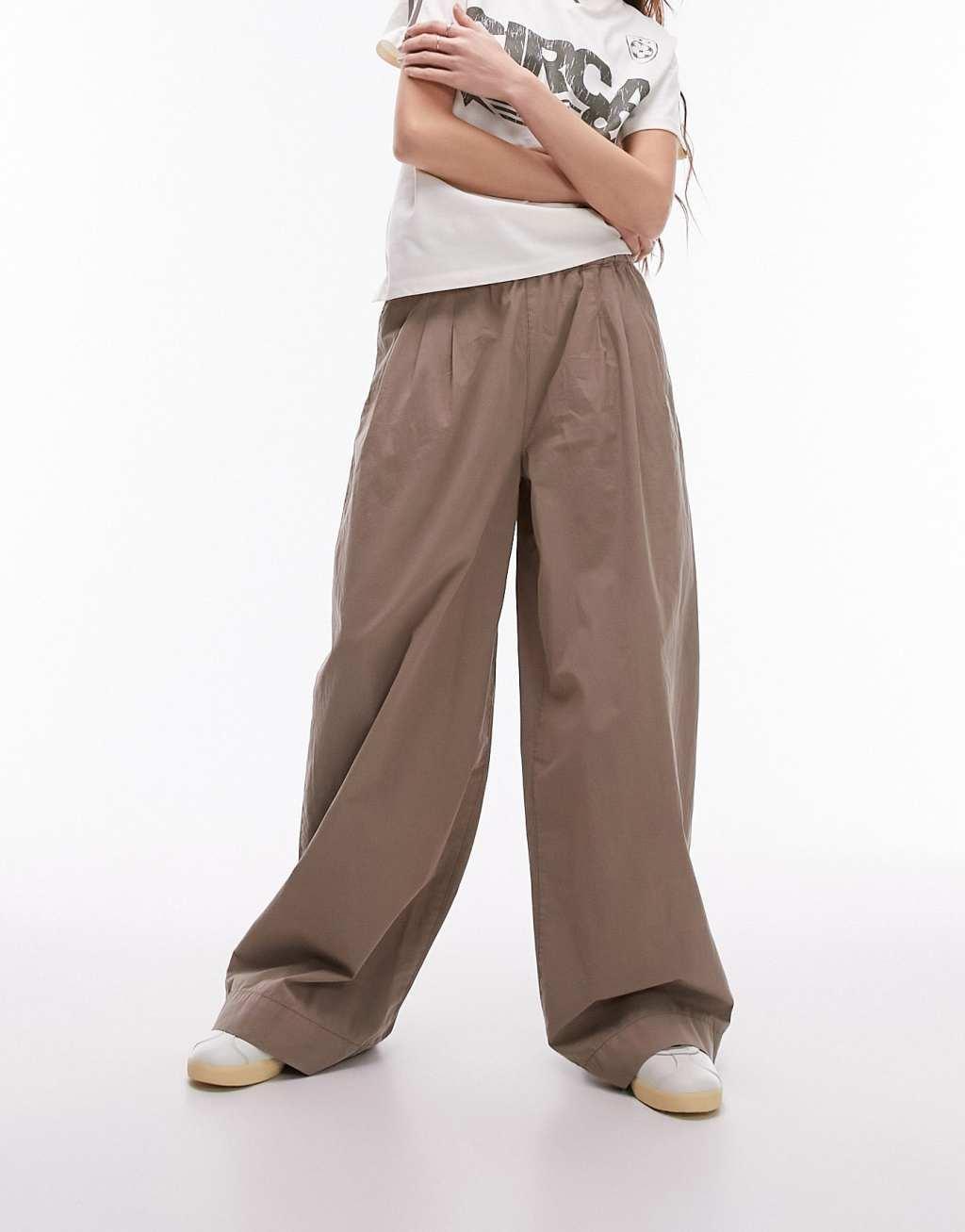 Topshop super wide leg pleated poplin pants in sand Product Image