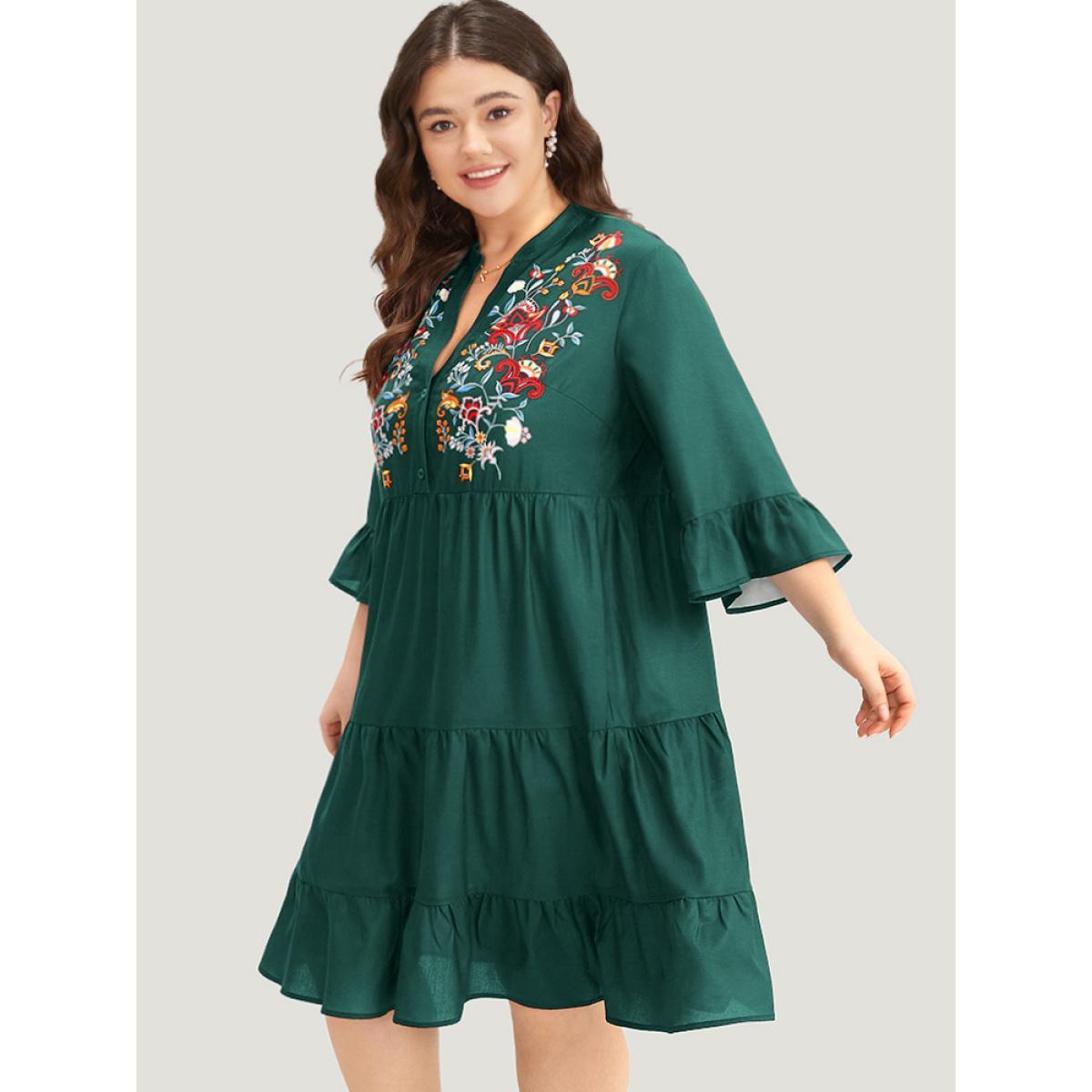 Plus Size Floral Print Ruffles Plicated Detail Dress Teal Women Casual Printed Notched collar Elbow-length sleeve Curvy Midi Dress BloomChic 12/L Product Image