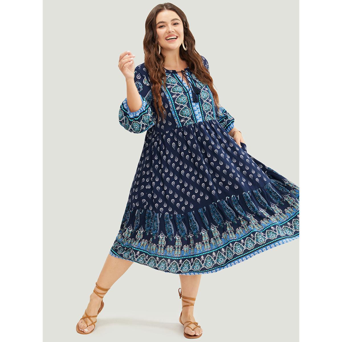 Plus Size Bandana Print Ruffles Lantern Sleeve Pocket Tassels Tie Neck Dress Indigo Women Vacation Tassels Tie Neck Elbow-length sleeve Curvy Midi Dress BloomChic 26/4X Product Image