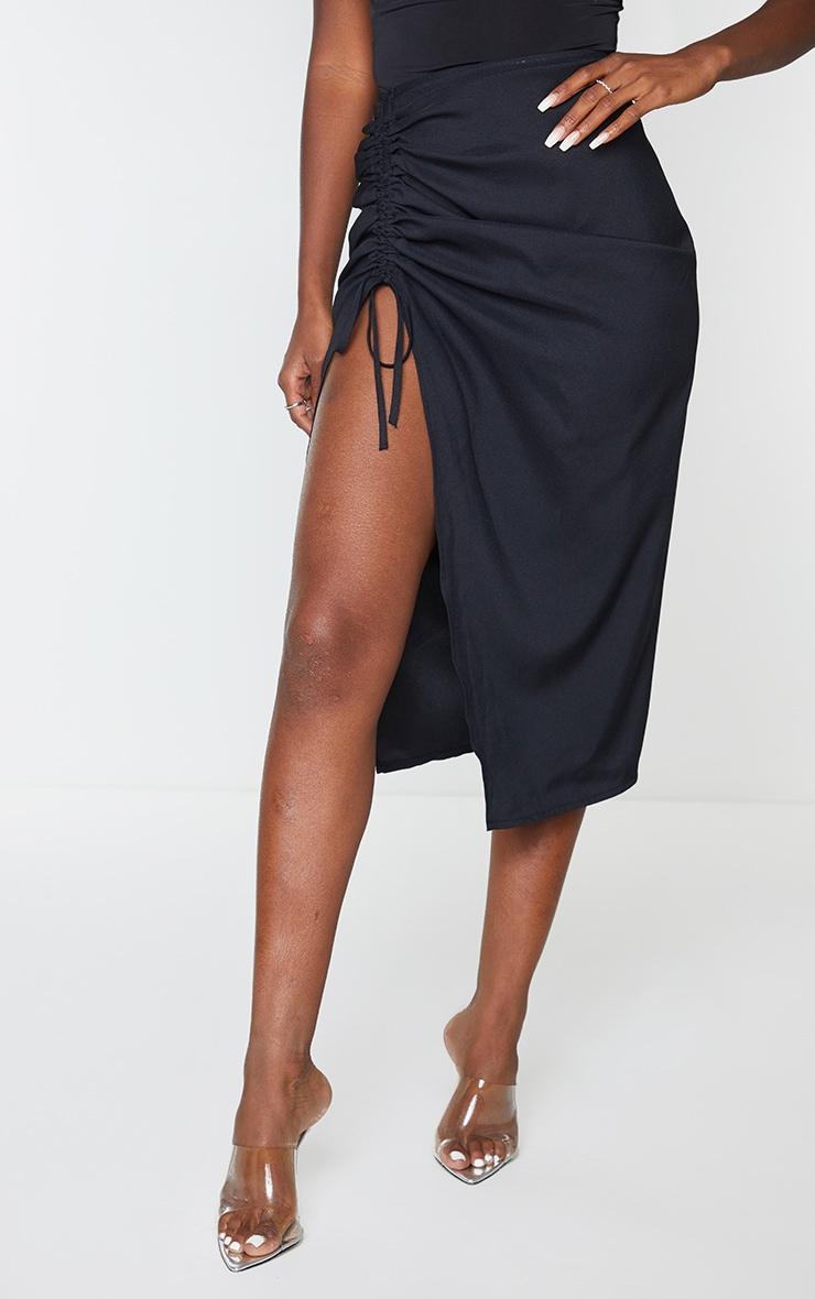 Black Woven Ruched Detail Midi Skirt Product Image