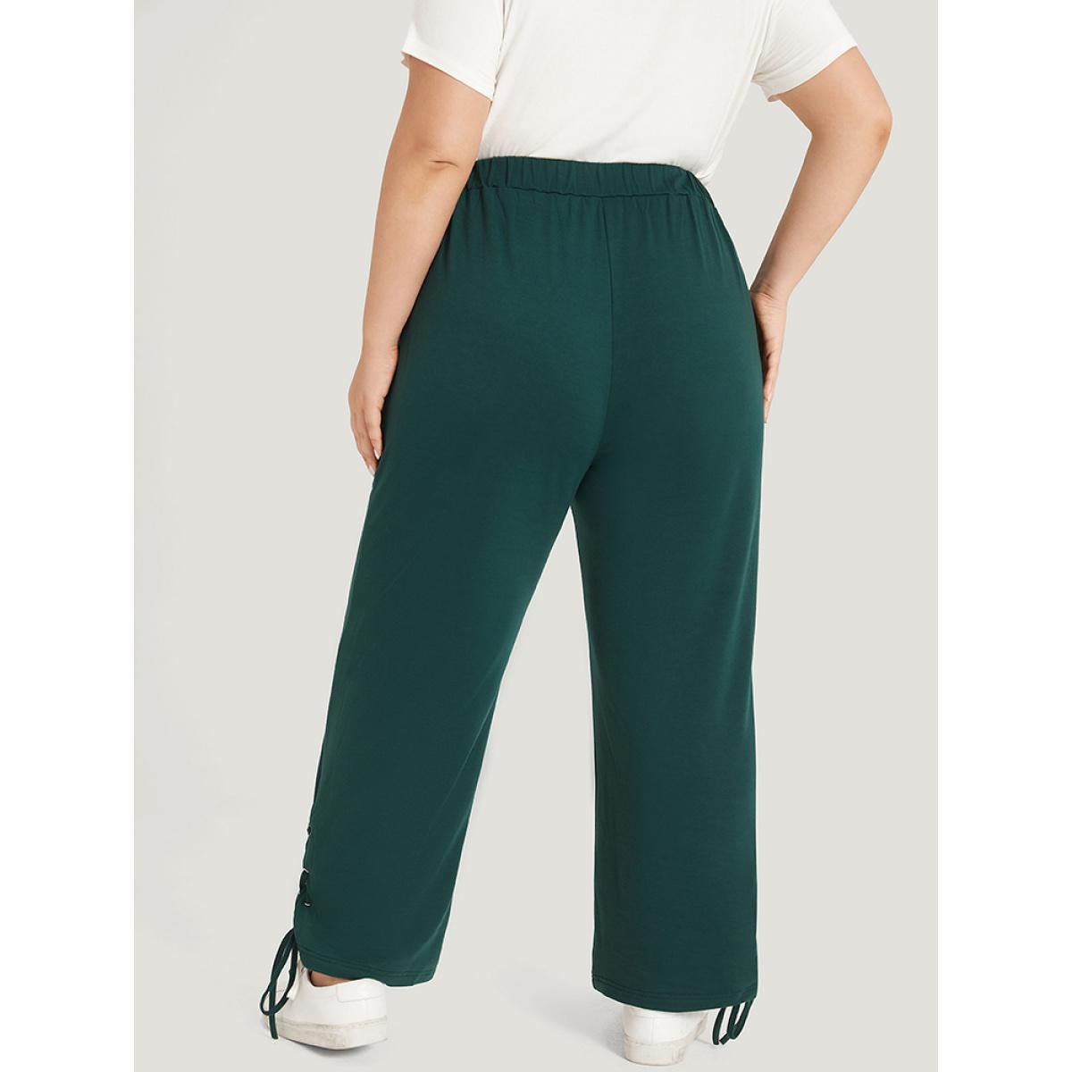 Plain Pocket Elastic Waist Lace Up Side Sweatpants Emerald Plus Size Women Casual Dailywear Plain 14-16/1X Bloomchic Product Image