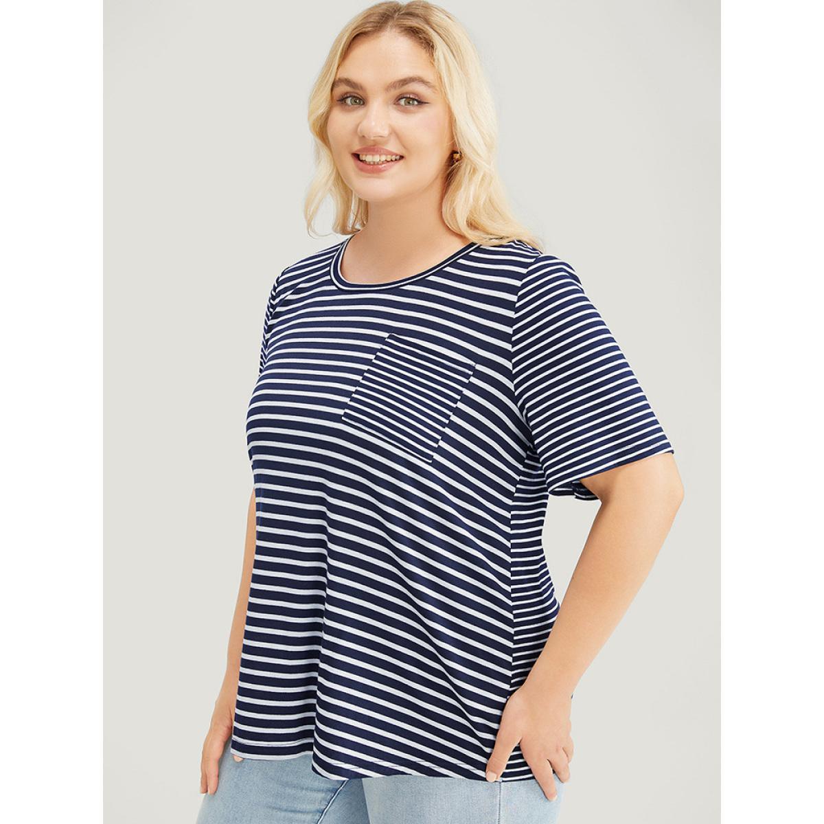 Plus Size Striped Print Crew Neck Pocket T-shirt Navy Women Casual Striped Round Neck Dailywear T-shirts BloomChic 22-24/3X Product Image