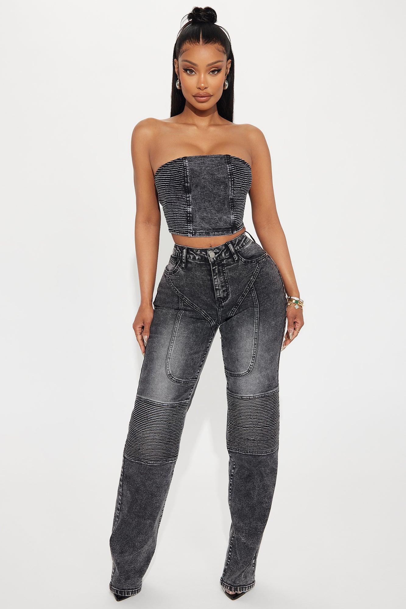 Have It My Way Strapless Moto Denim Top - Black Wash Product Image