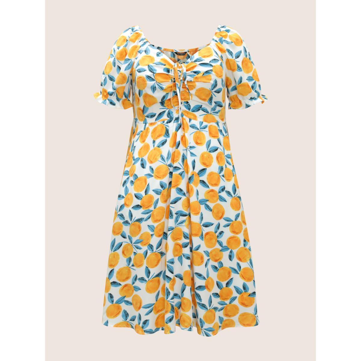 Plus Size Fruits Print Drawstring Ruched Lantern Sleeve Dress Ivory Women Elegant Gathered Tie Neck Short sleeve Curvy Midi Dress BloomChic 18-20/2X Product Image