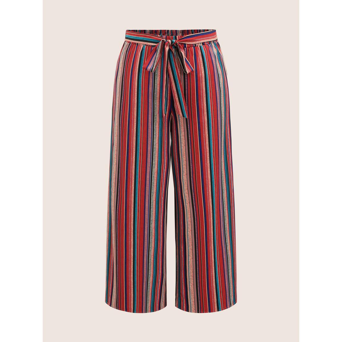 Plus Size Contrast Striped Tie Knot Wide Leg Pants Women Multicolor Casual Wide Leg Mid Rise Everyday Pants BloomChic 18-20/2X Product Image