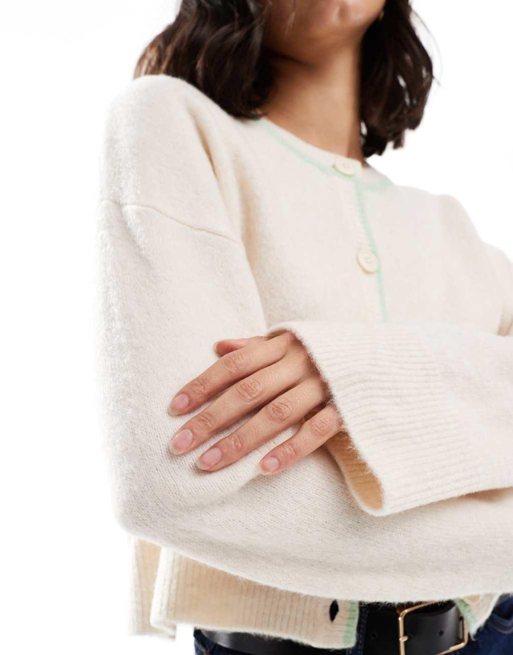ASOS DESIGN crew neck cardigan with tipping detail in cream Product Image