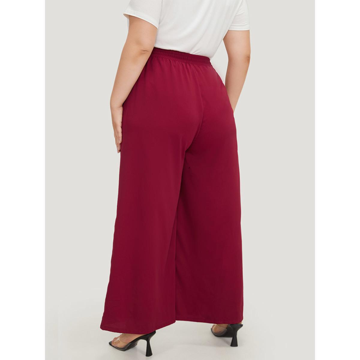 Plus Size Solid Pocket Drawstring Wide Leg Pants Women Burgundy Office Wide Leg High Rise Work Pants BloomChic 22-24/3X Product Image