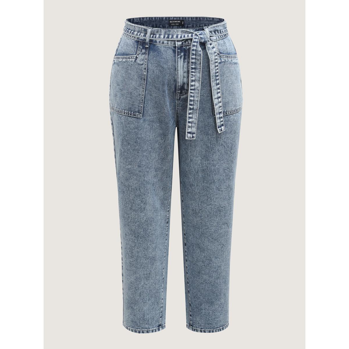 Plus Size Waist Belted Pockets Boyfriend Jeans Women Midblue Low stretch Slanted pocket Jeans BloomChic 14/1X Product Image