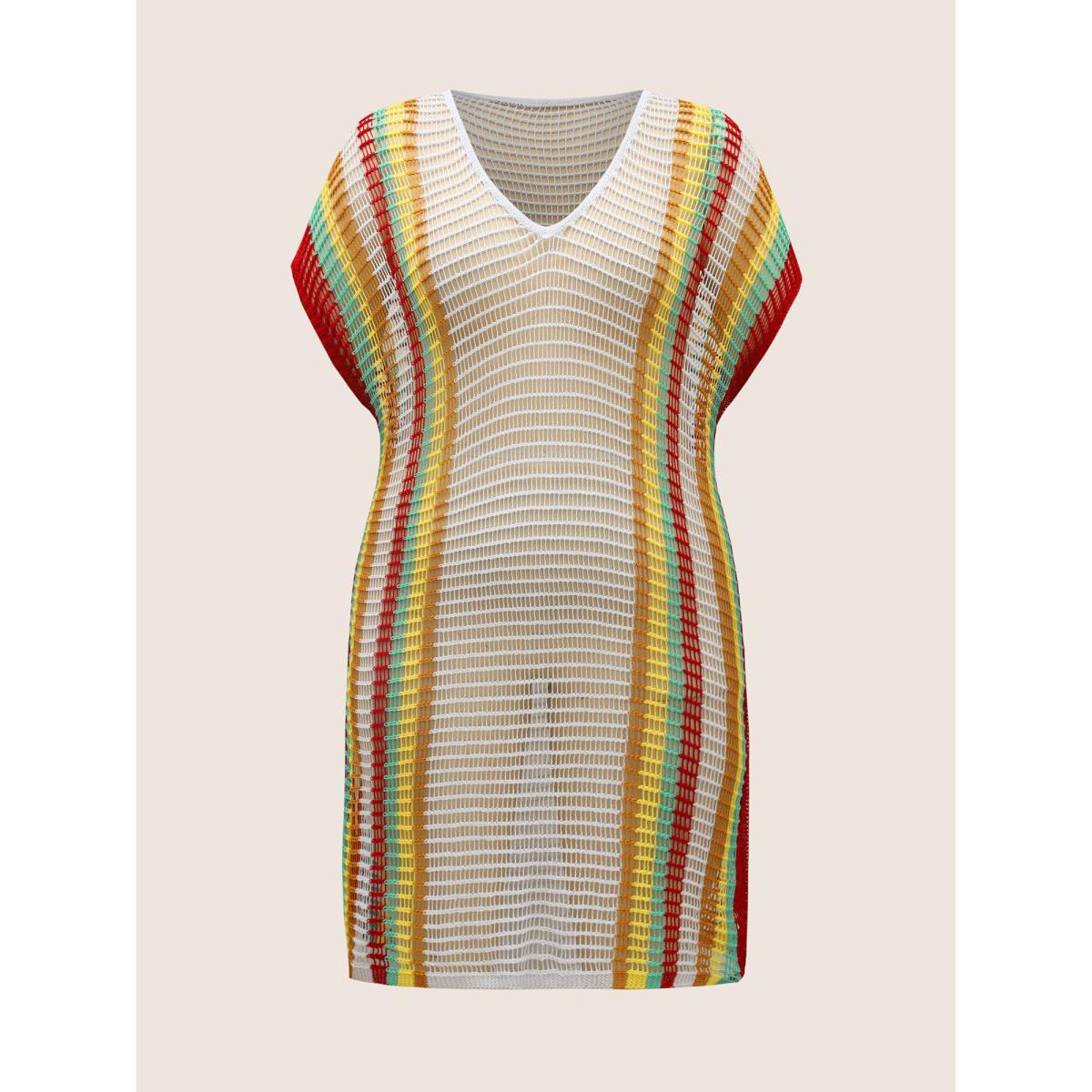 Plus Size Contrast Striped Dolman Sleeve Split Side Swim Cover Up Women's Swimwear Originalwhite Beach Loose Texture Curve Swim Cover Ups BloomChic 30/6X Product Image