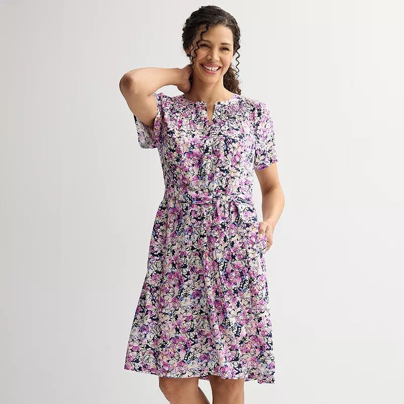 Women's Croft & Barrow® Smocked Neck Button-Front Dress, Size: Medium, Purple Spring Buds Product Image