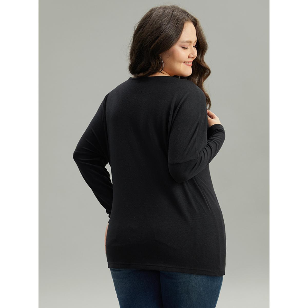 Plus Size Solid Zipper Detail Patchwork T-shirt Black Women Casual Plain Plain V-neck Dailywear T-shirts BloomChic 10/M Product Image