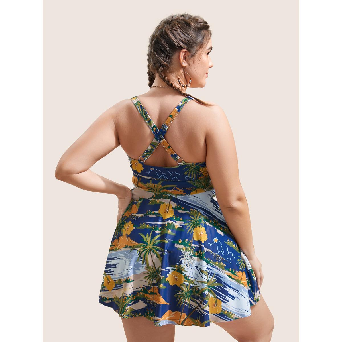 Plus Size Tropical Print Crisscross Cut Out Swim Dress Women's Swimwear Multicolor Beach Bodycon V-neck High stretch Curve Swim Dresses BloomChic 12/L Product Image