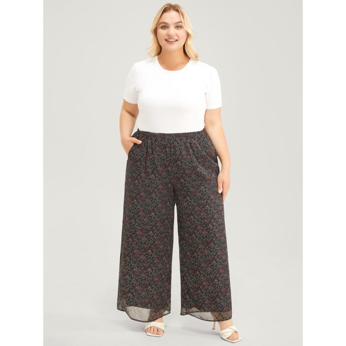 Plus Size Ditsy Floral Pocket Elastic Waist Pants Women Black Elegant Mid Rise Dailywear Pants BloomChic 12/L Product Image