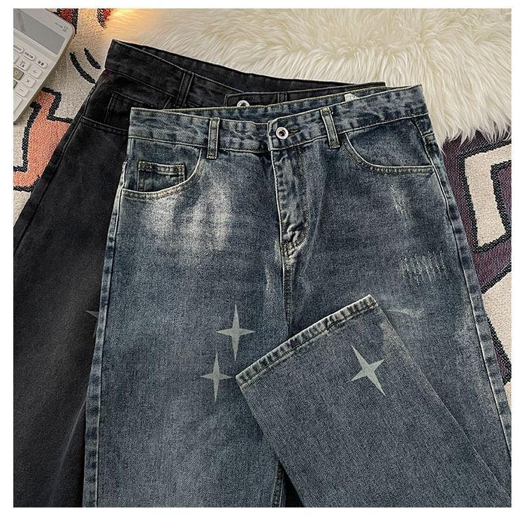 Mid Rise Washed Star Print Wide Leg Jeans Product Image