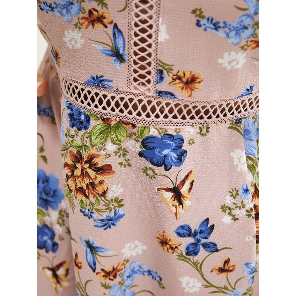 Plus Size Floral Pocket Lace Insert Split Pompom Trim Halter Dress Pink Women Elegant Lace Halter neck Sleeveless Curvy Midi Dress BloomChic 30/6X Product Image
