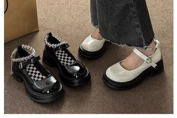Heart Buckled Beaded Platform Chunky Heel Mary Jane Pumps Product Image