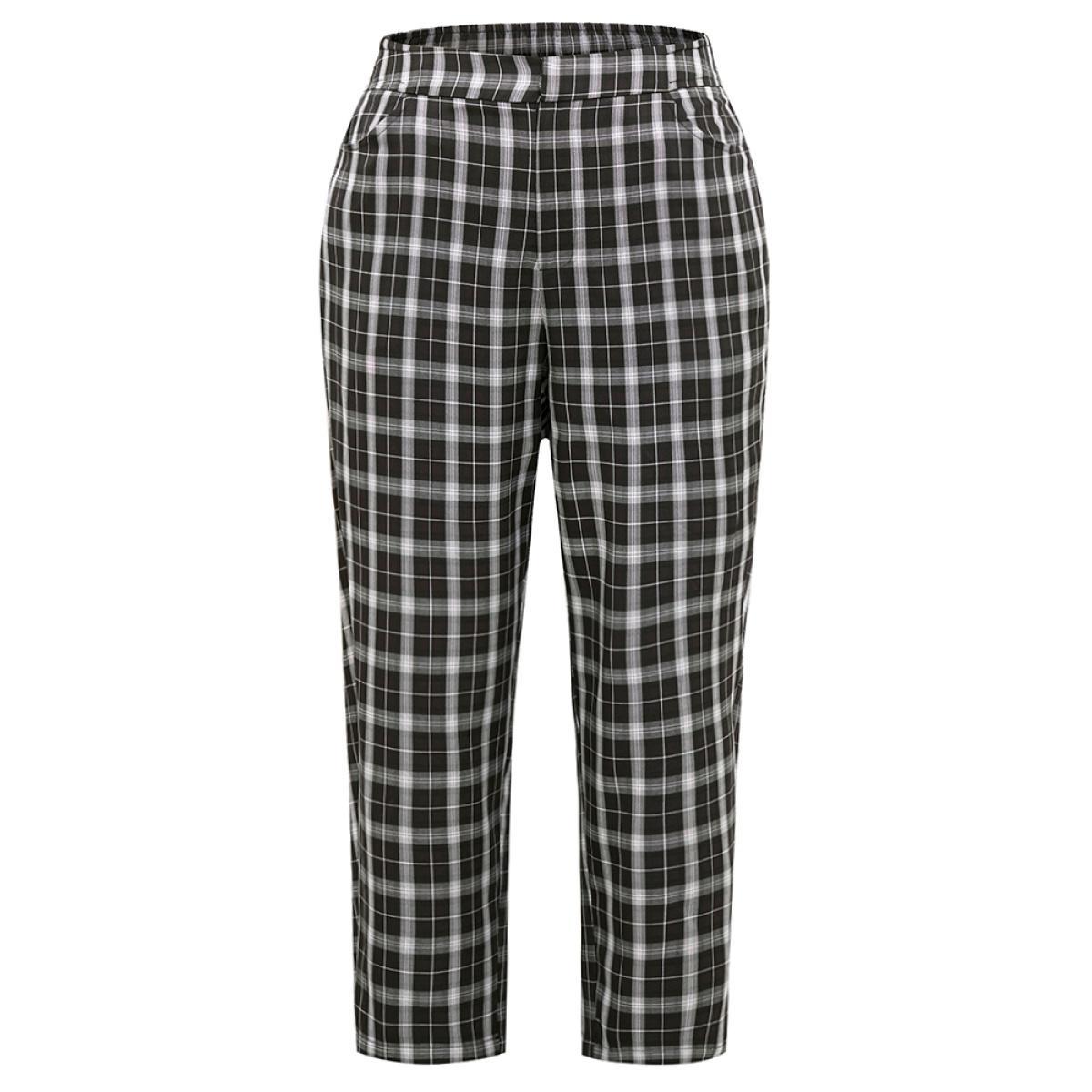 Plus Size Plaid Elastic Waist Straight Leg Pants Women Black Office Straight Leg High Rise Work Pants BloomChic 12/L Product Image