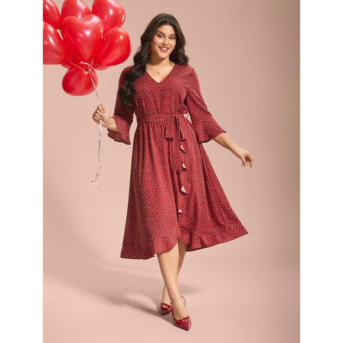 Plus Size Polka Dots Waist-Tie Ruffled Midi Dress Scarlet Women Elegant Overlapping V-neck Elbow-length sleeve Curvy BloomChic 26/4X Product Image