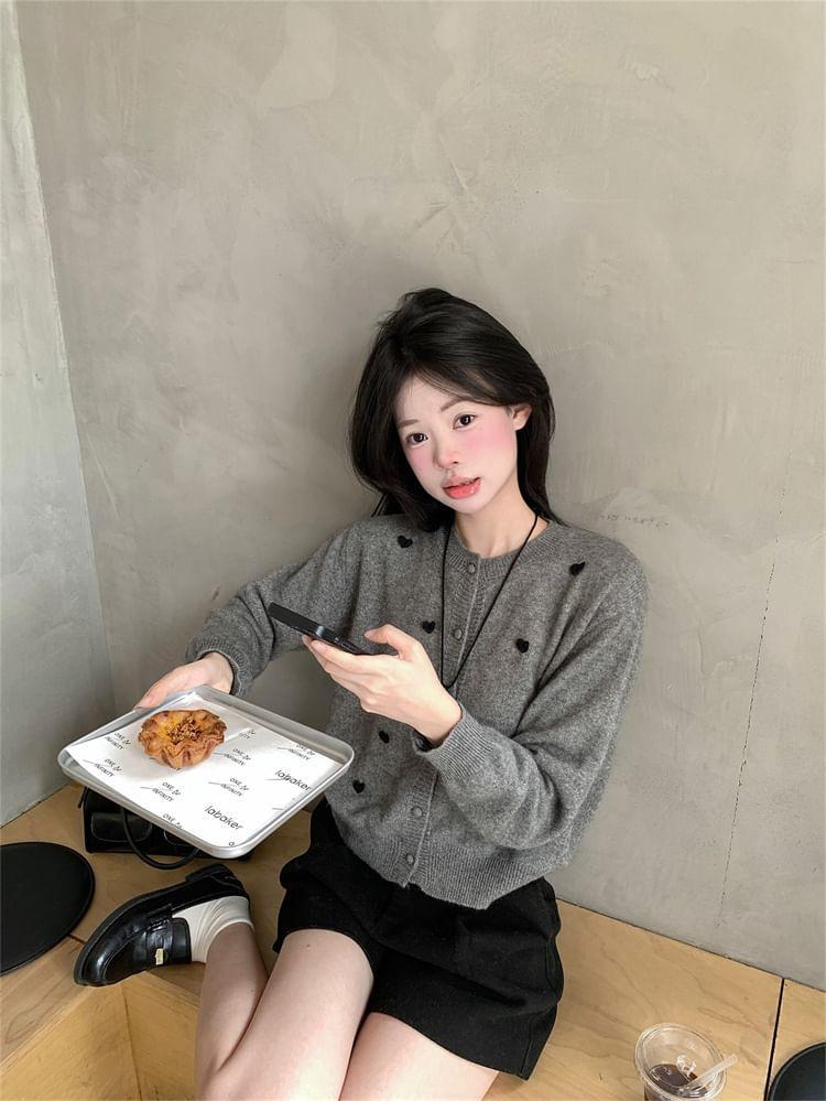 Crewneck Heart Pattern Button-Up Top Product Image