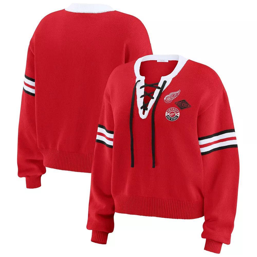 Women's WEAR by Erin Andrews  Red Chicago Blackhawks Cropped Lace-Up Sweater, Size: Small Product Image