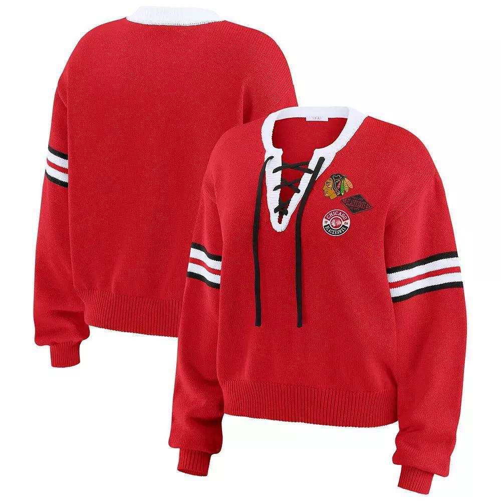 Women's WEAR by Erin Andrews  Red Chicago Blackhawks Cropped Lace-Up Sweater, Size: Small Product Image