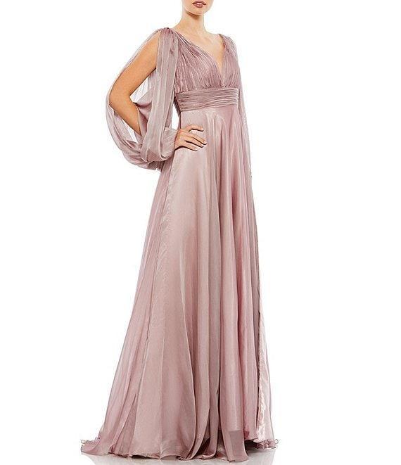 Mac Duggal V-Neck Beaded Cuff Open Long Sleeve Chiffon A-Line Plunge Back Detail Gown Product Image