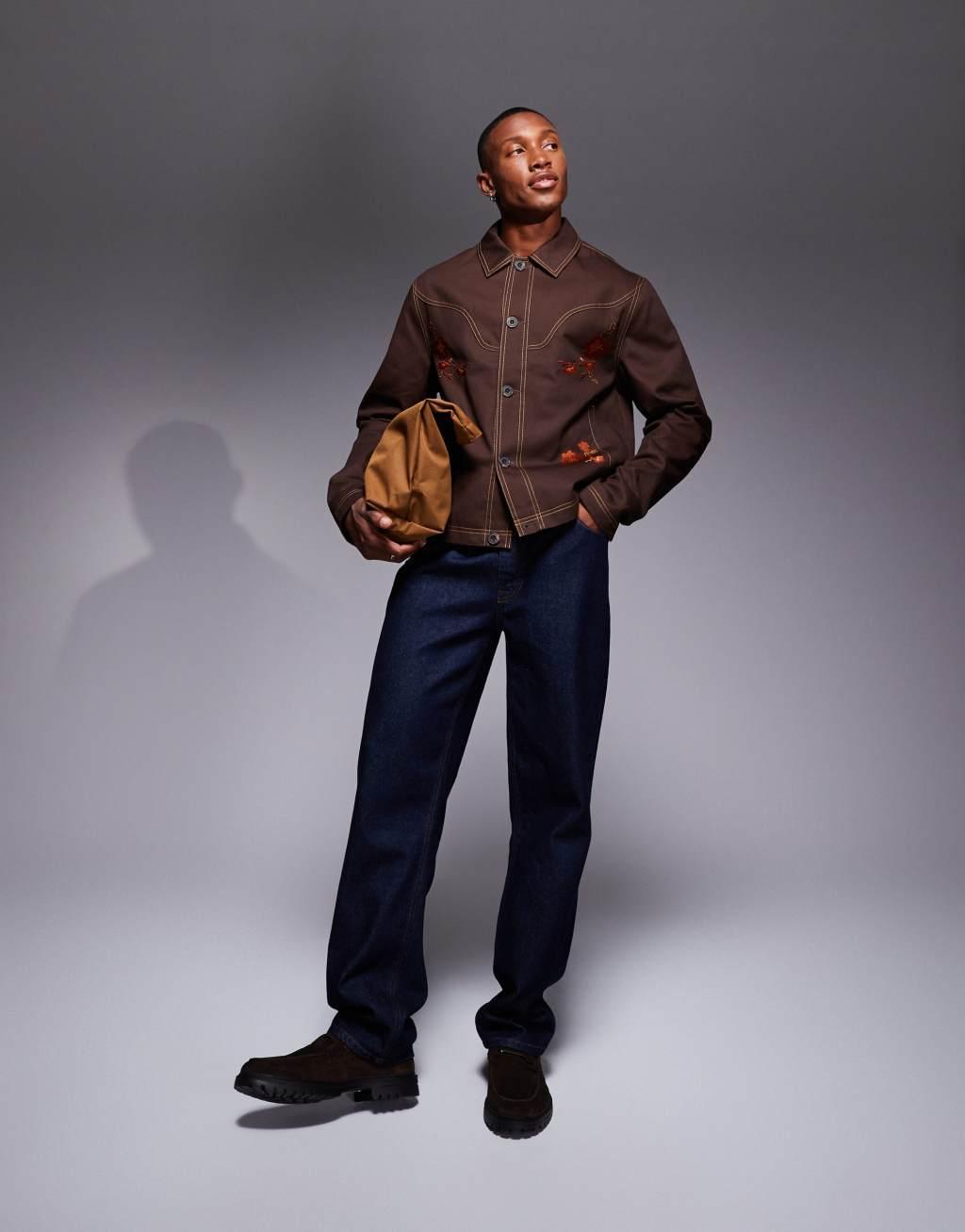 ASOS DESIGN embroidered harrington jacket in brown Product Image
