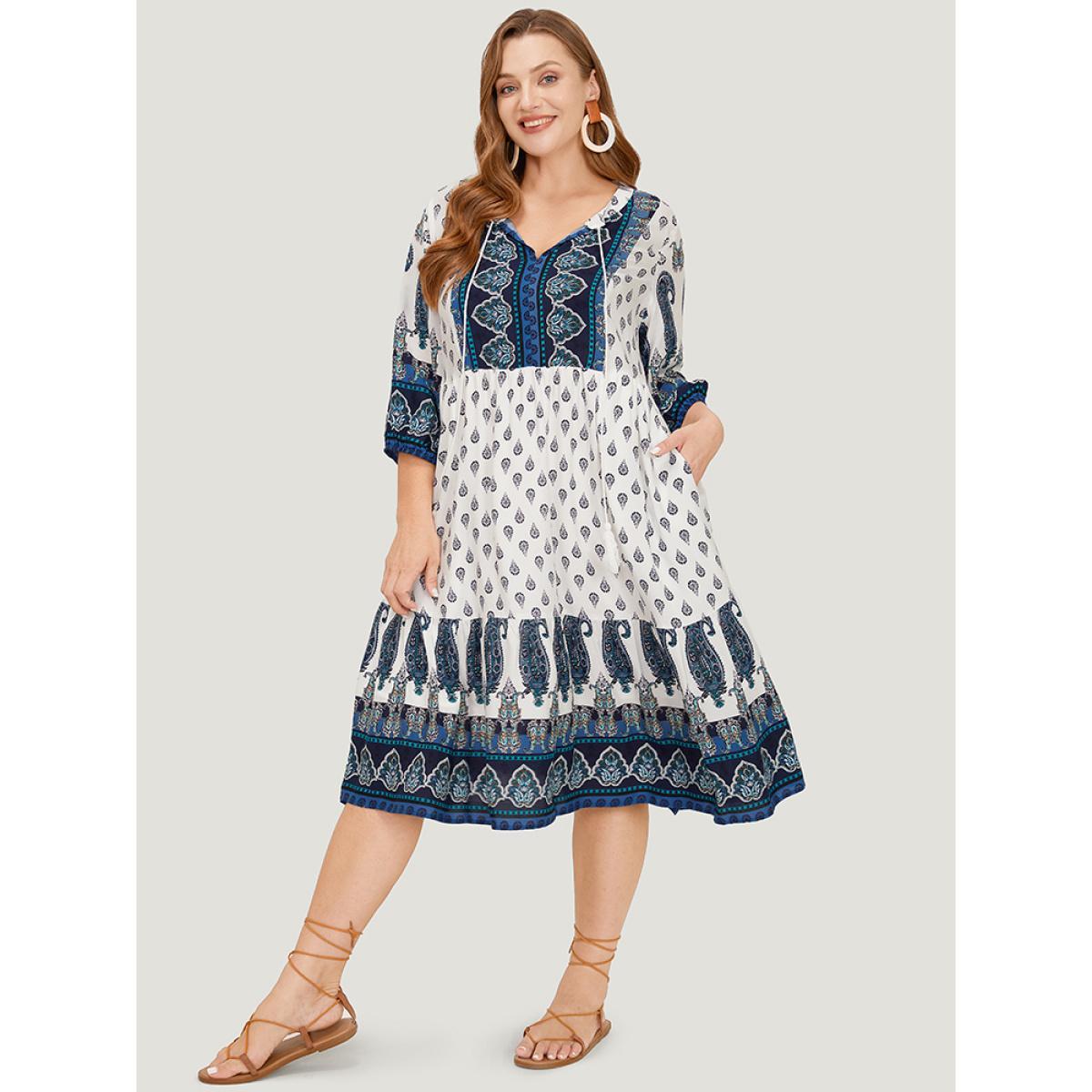 Plus Size Bandana Print Ruffles Lantern Sleeve Pocket Tassels Tie Neck Dress White Women Vacation Tassels Tie Neck Elbow-length sleeve Curvy Midi Dress BloomChic 30/6X Product Image