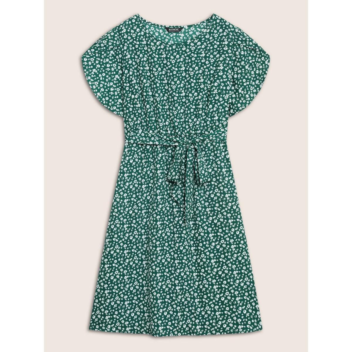 Plus Size Tulip Sleeved Round Neck Midi Dress Teal Women Elegant Belted Round Neck Short sleeve Curvy BloomChic 18-20/2X Product Image