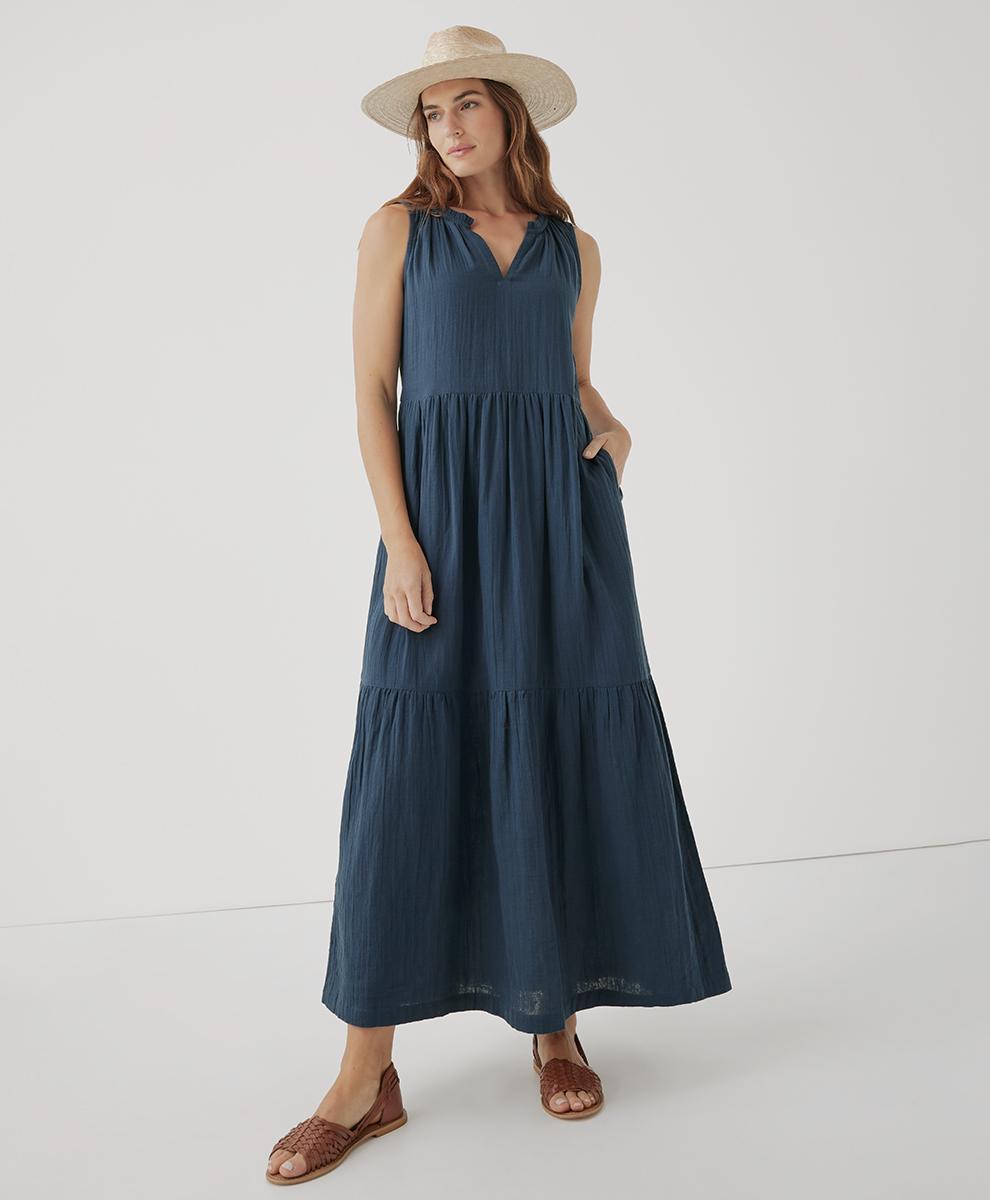 PACT Coastal Double Gauze Ruffle Maxi Dress (French ) Women's Dress Product Image