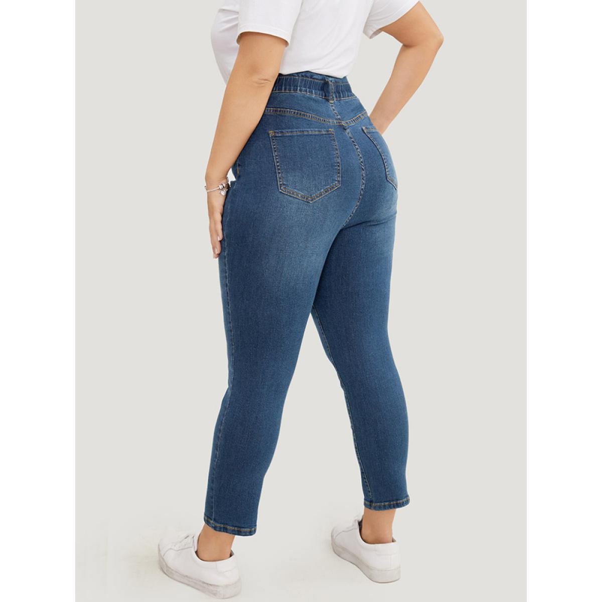 Plus Size Very Stretchy High Rise Medium Wash Ripped Jeans Women Indigo Casual Plain High stretch Pocket Jeans BloomChic 26/4X Product Image