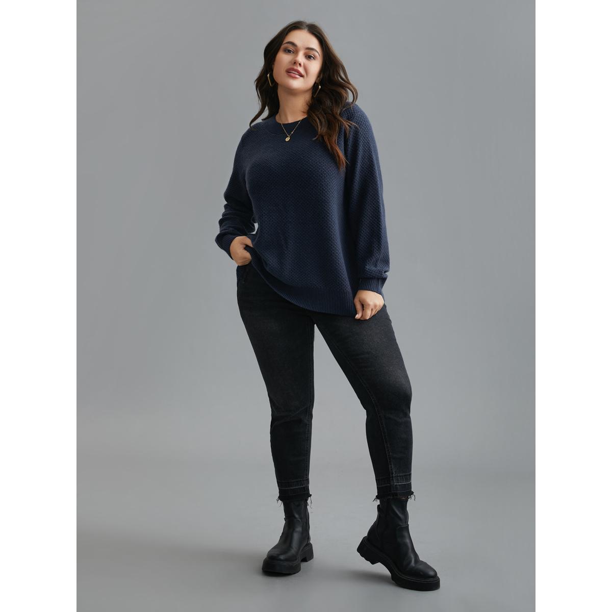 Plus Size Supersoft Essentials Textured Back Slit Pullover Indigo Women Casual Loose Long Sleeve Round Neck Everyday Pullovers BloomChic 18-20/2X Product Image