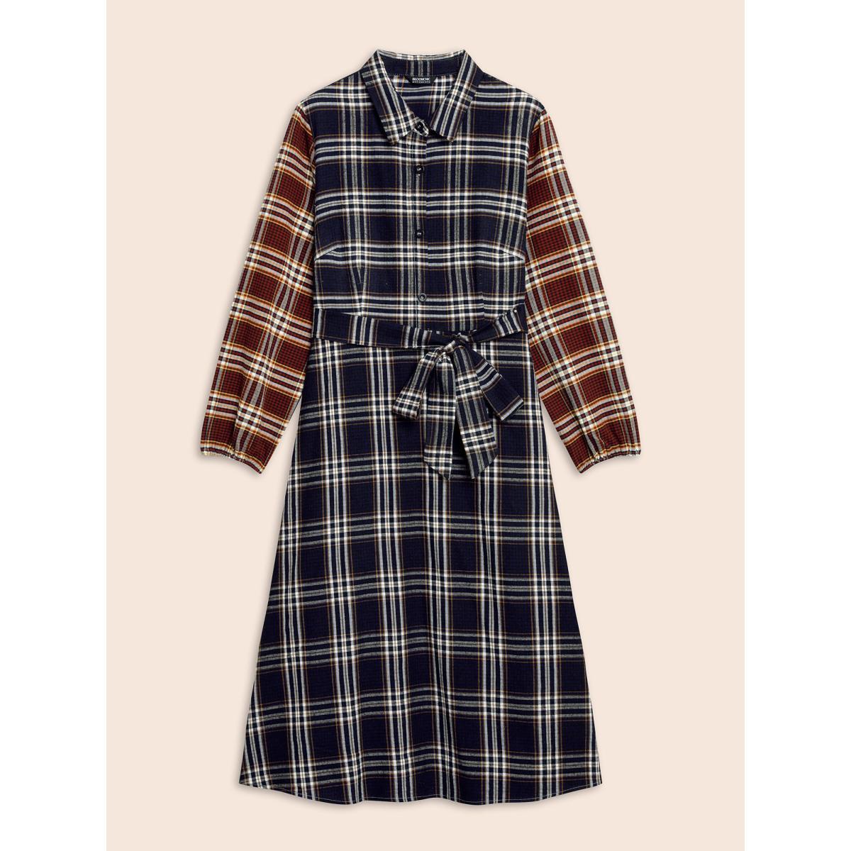 Plus Size Shirt Collar Plaid Contrast Belted Dress Multicolor Women Casual Belted Shirt collar Long Sleeve Curvy BloomChic 14-16/1X Product Image