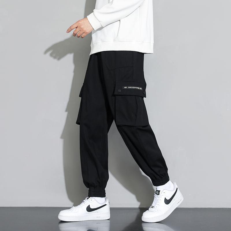 High Waist Plain Harem Cargo Pants Product Image