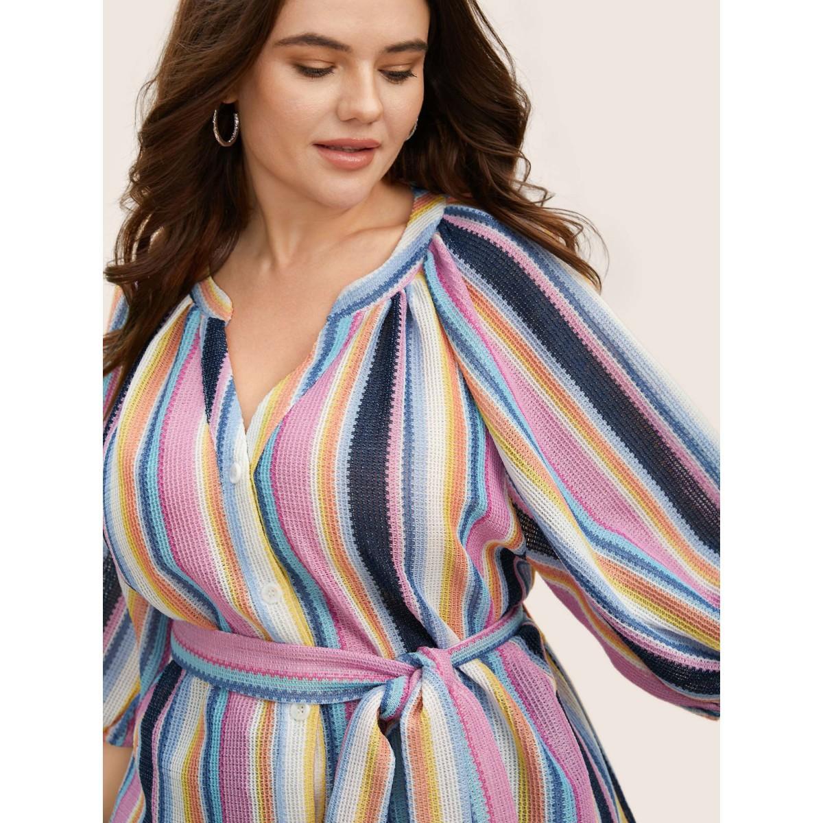 Plus Size Multicolor Notched Collar Contrast Striped Lantern Sleeve Blouse Women Casual Elbow-length sleeve Notched collar Everyday Blouses BloomChic 28/5X Product Image