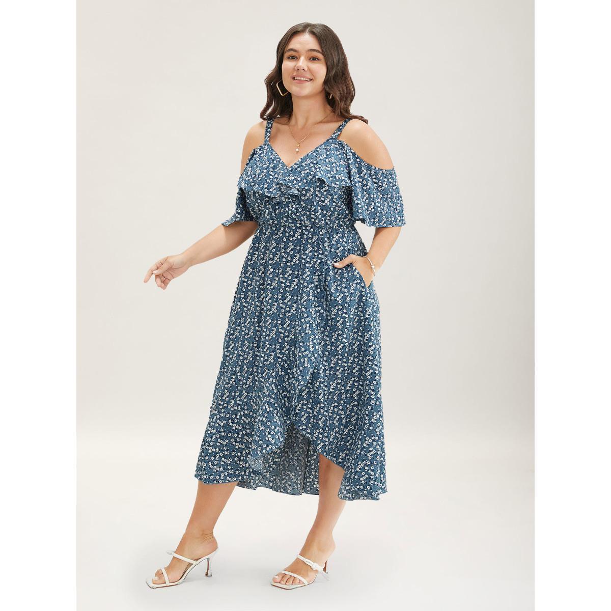Plus Size Ditsy Floral Pocket Wrap Cold Shoulder Ruffle Dress Stone Women Elegant Non Overlap Collar Short sleeve Curvy Midi Dress BloomChic 30/6X Product Image