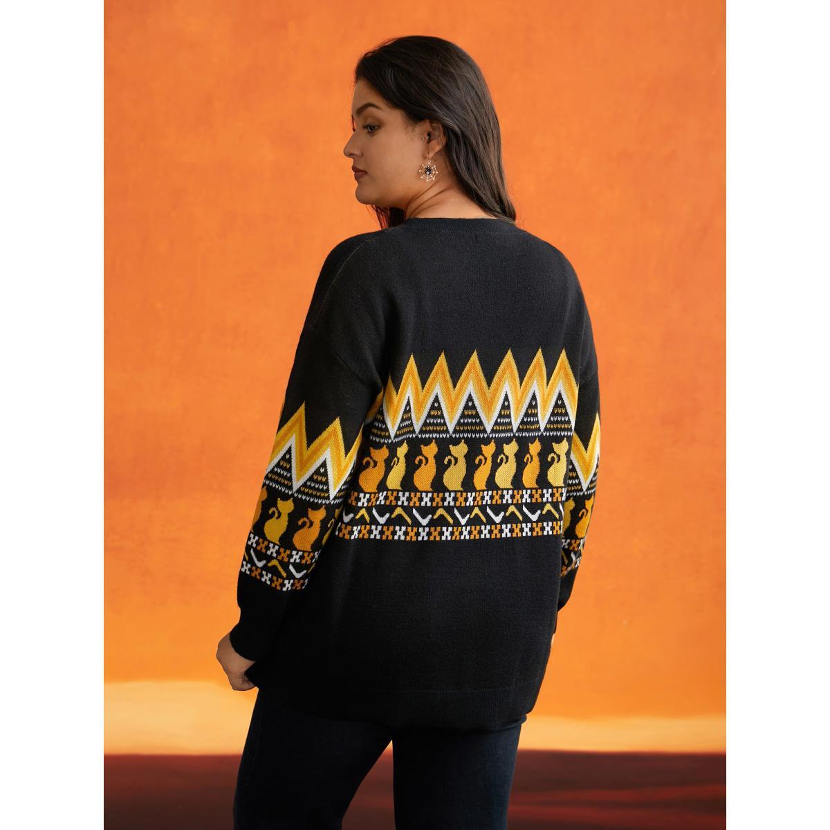 Plus Size Cat Printed Jacquard Fair Isle Pullover Black Women Casual Long Sleeve Round Neck Everyday Pullovers BloomChic 10/M Product Image