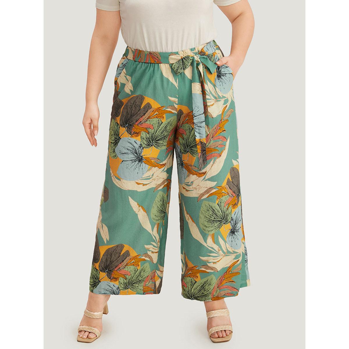 Plus Size Plants Print Elastic Waist Ties Pants Women Mint Vacation Straight Leg High Rise Dailywear Pants BloomChic 12/L Product Image
