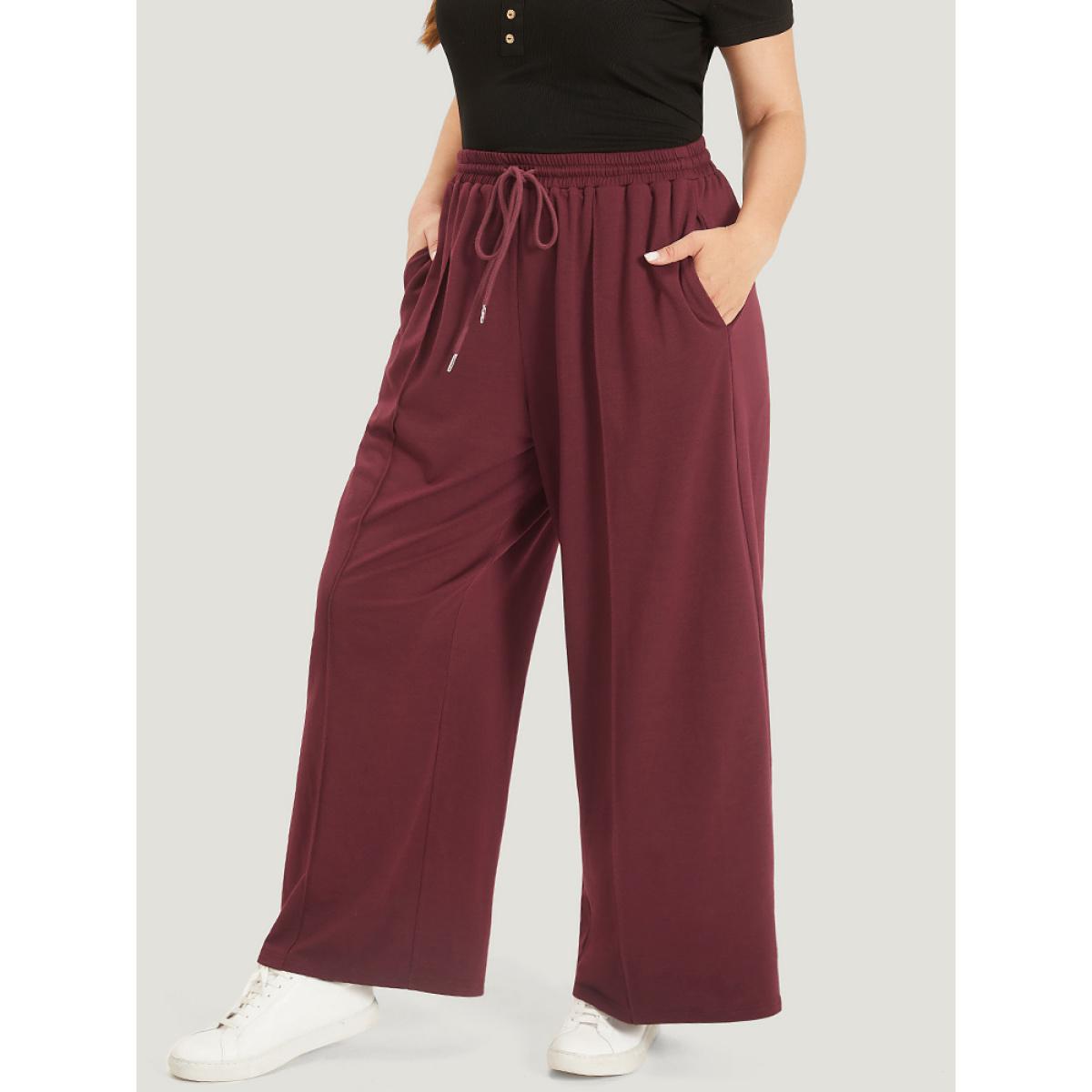 Solid Drawstring Pocket Loose Sweatpants Scarlet Plus Size Women Casual Dailywear Plain 22-24/3X Bloomchic Product Image