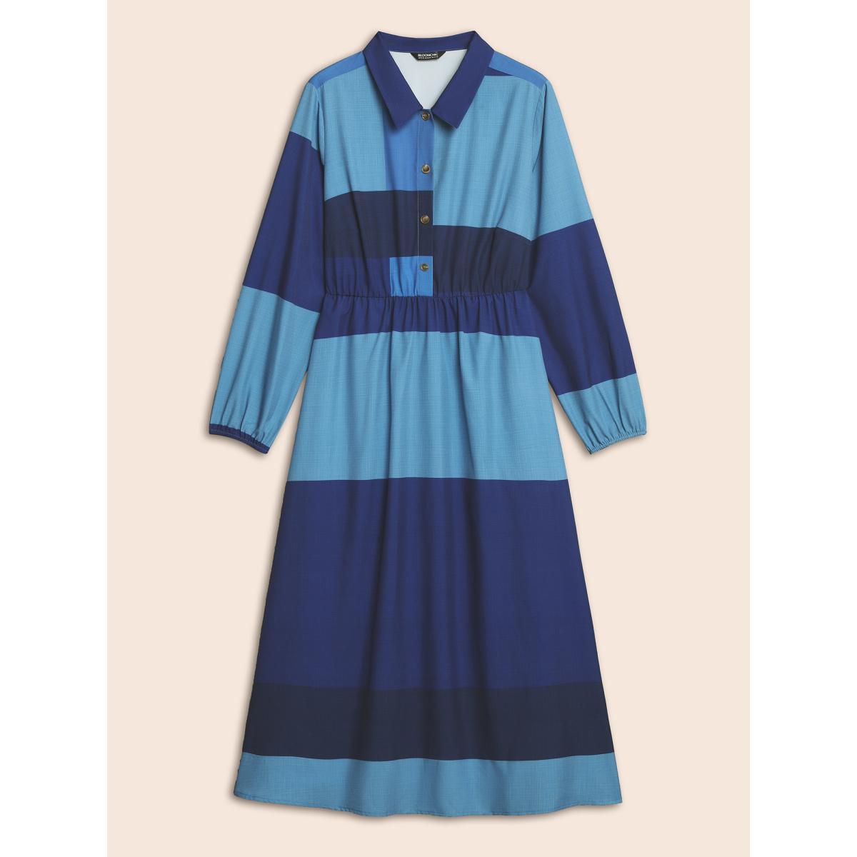 Plus Size Shirt Collar Colorblock Contrast Midi Dress DarkBlue Women Elegant Contrast Shirt collar Long Sleeve Curvy BloomChic 30/6X Product Image