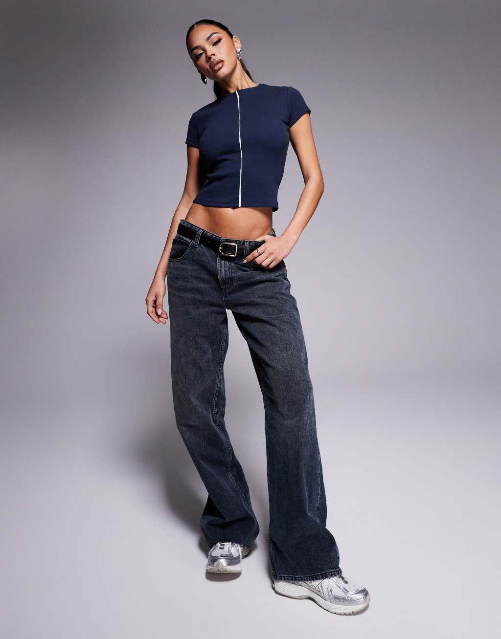 ASOS DESIGN short sleeve top with contrast piping in navy Product Image