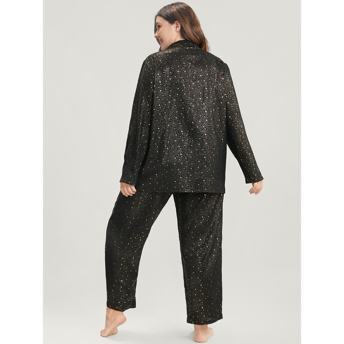 Plus Size Moon And Star Suit Collar Button Up Pajama Set Women Black Moon and Star Printed Long Sleeve Suit Collar Casual Loungewear Sets BloomChic 22-24/3X Product Image