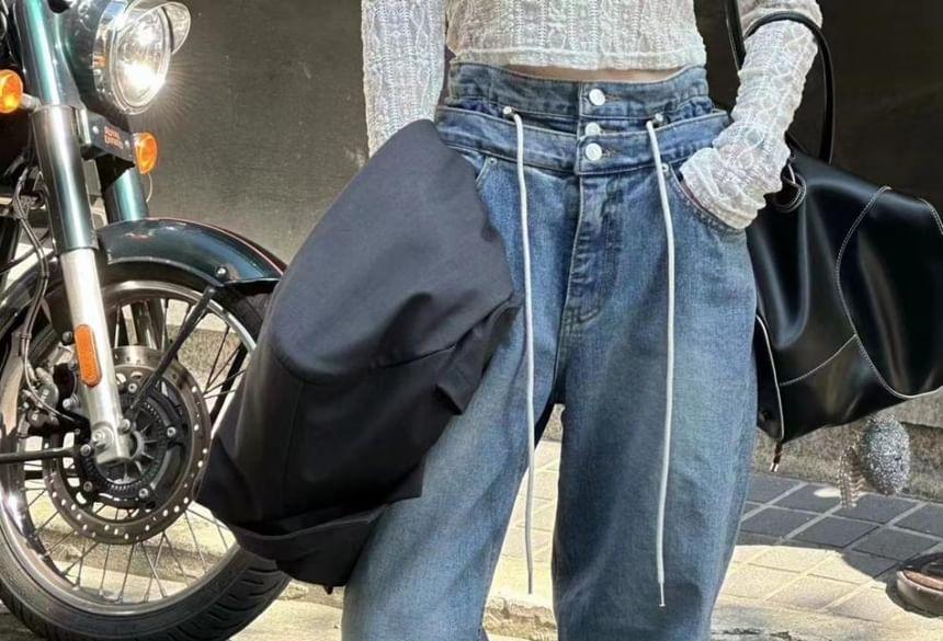 High Rise Drawstring Washed Loose Fit Jeans Product Image