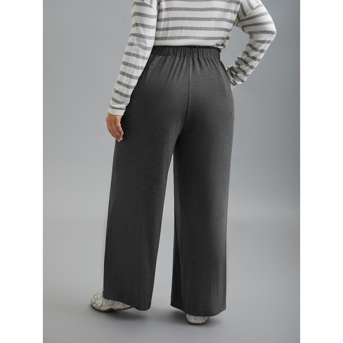 Plus Size Button-Front Ruffled Waist Stretchy Pants Women DimGray Casual Wide Leg Mid Rise Everyday Pants BloomChic 22-24/3X Product Image