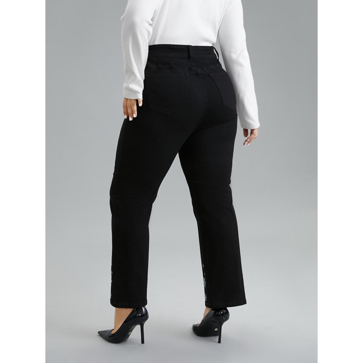 Plus Size Snowflake Rhinestone Very Stretchy Jeans Women Black Casual Graphic-Christmas Rhinestone detailing High stretch Pocket Jeans BloomChic 30/6X Product Image